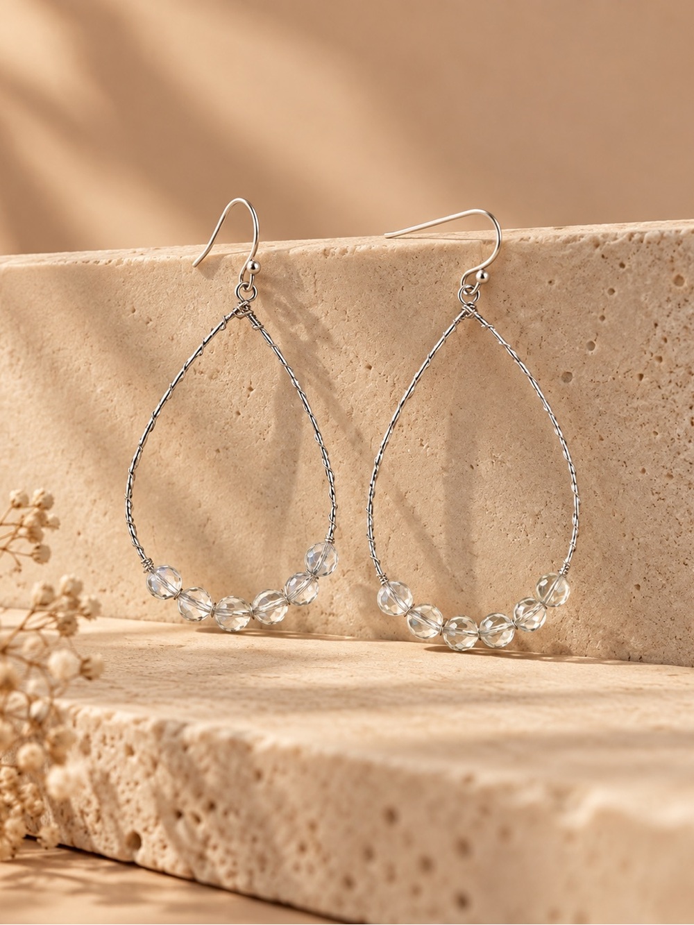 Elegant Silver Teardrop Crystal Bead Earrings - Women Jewelry